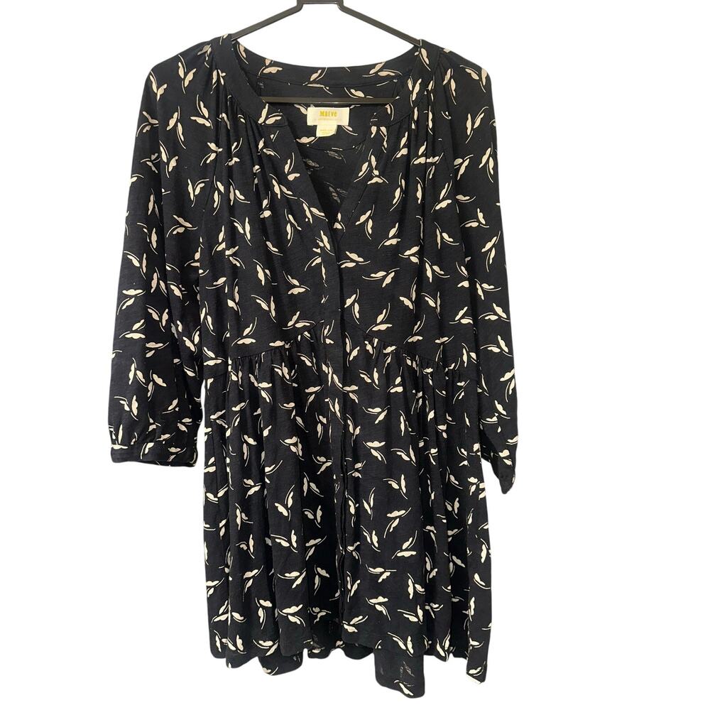 Maeve Anthropologie Medium Black Cream Print Cotton Babydoll Dress
